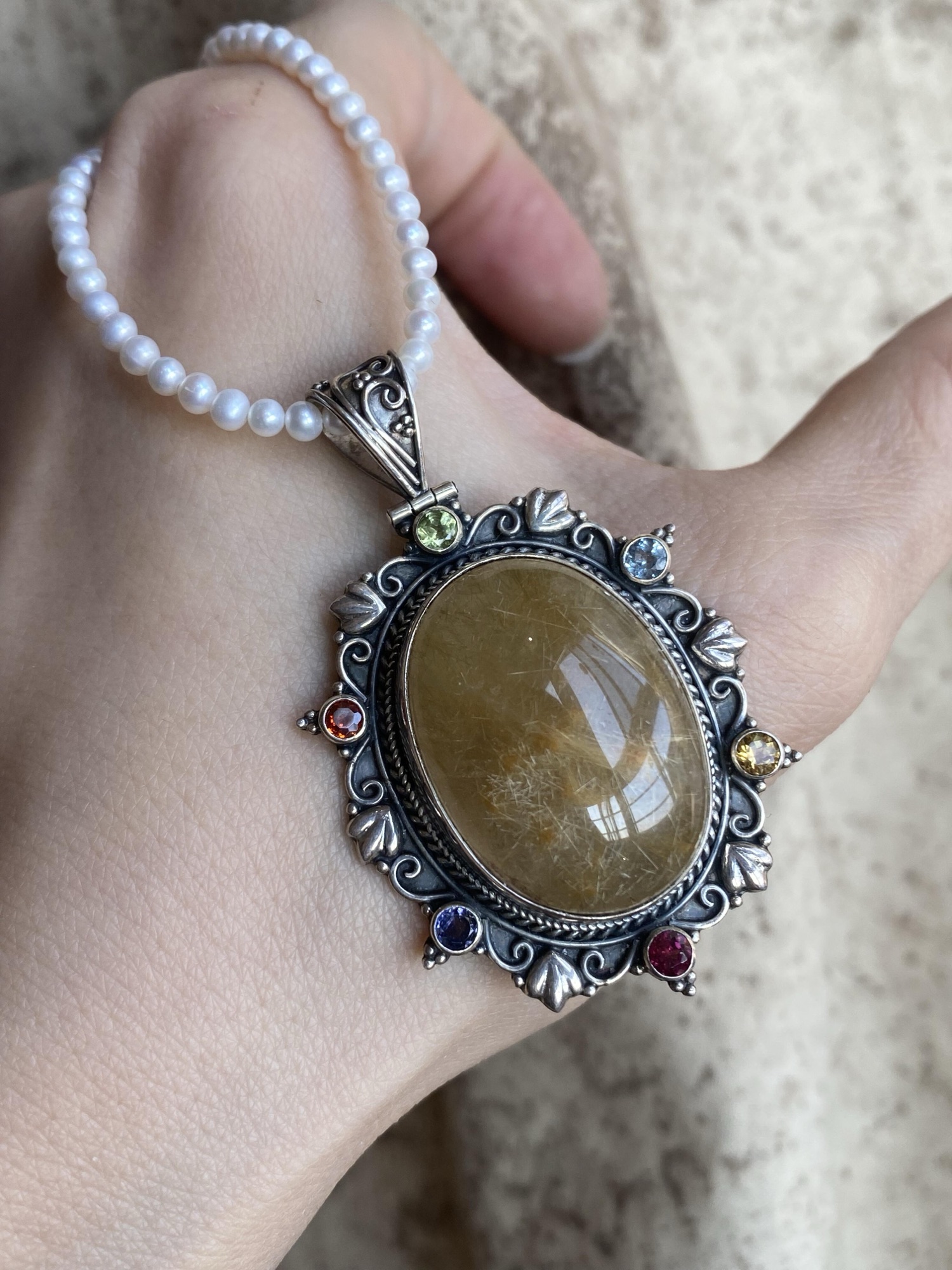 Multi-gemstone Quartz Silver Pendant